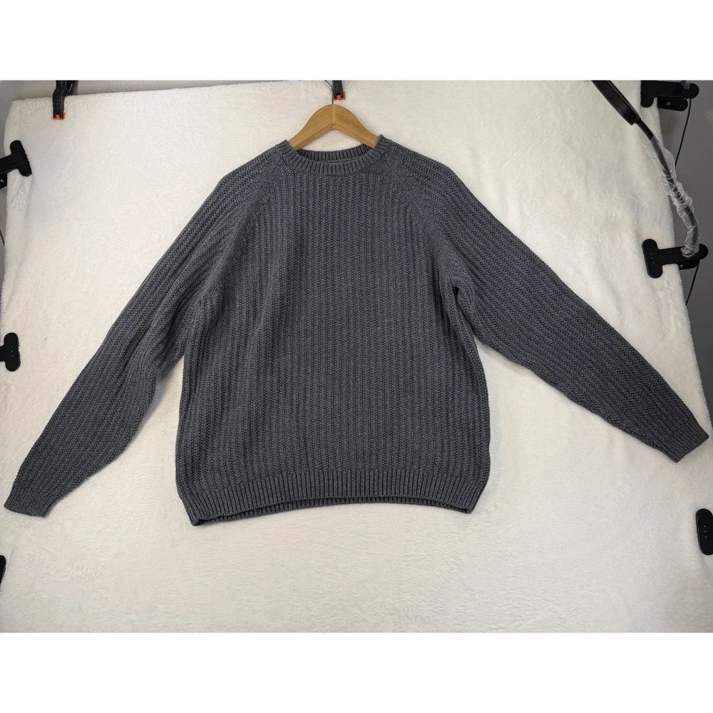 Eddie Bauer Mens Blue Grey Cotton Chunky Knit Crewneck Fisherman Sweater Sz M - Picture 2 of 9